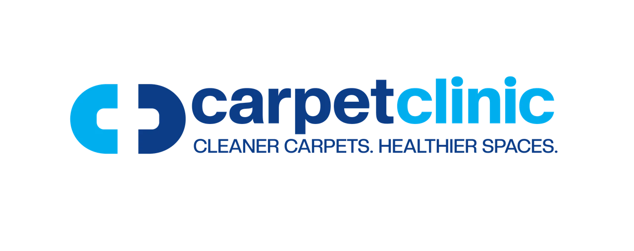 Carpet Clinic logo in navy and bright blue with the tagline Cleaner carpets. Healthier spaces.