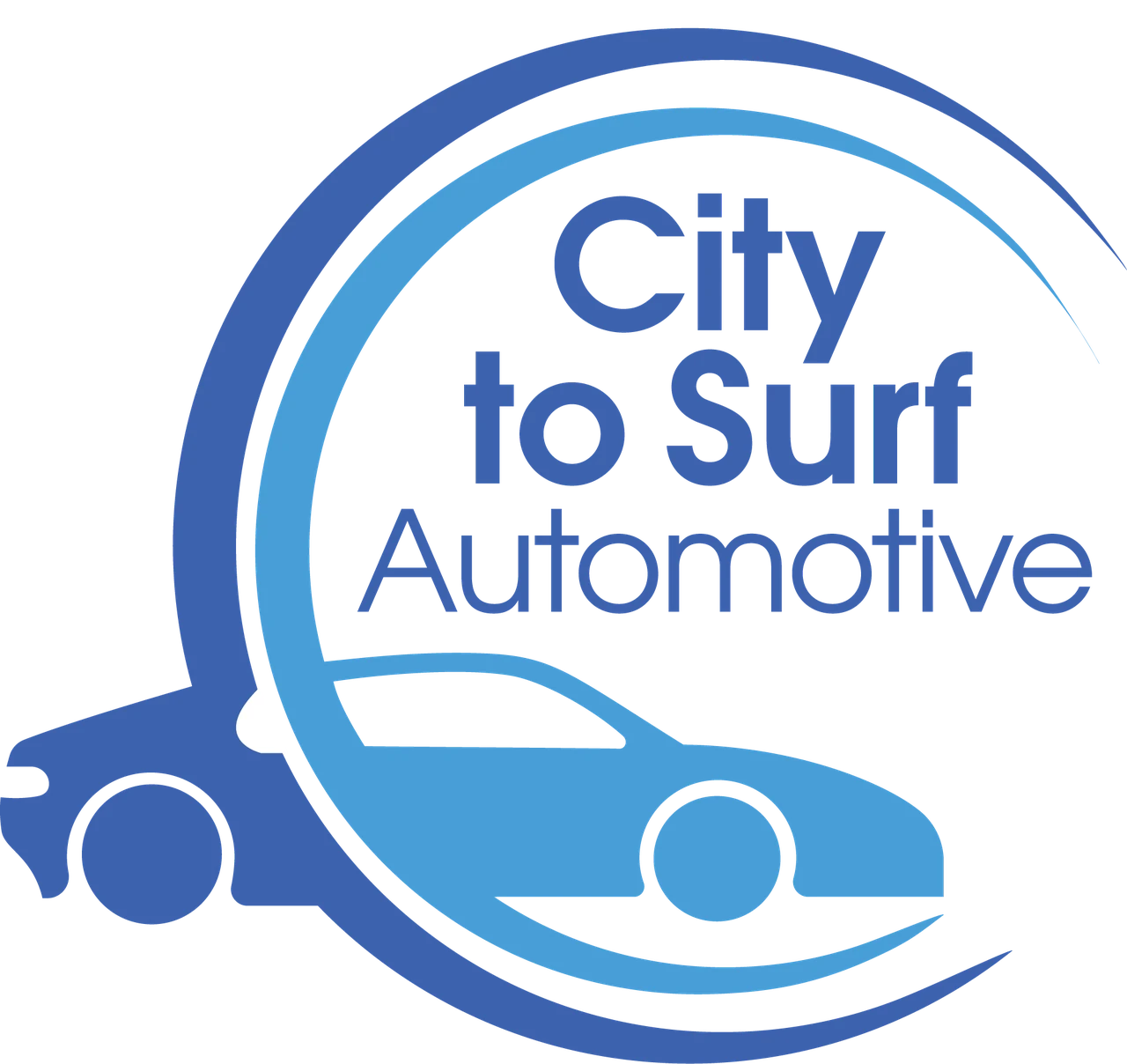 City to Surf Automotive logo with two blue car silhouettes and sweeping circular lines around the business name