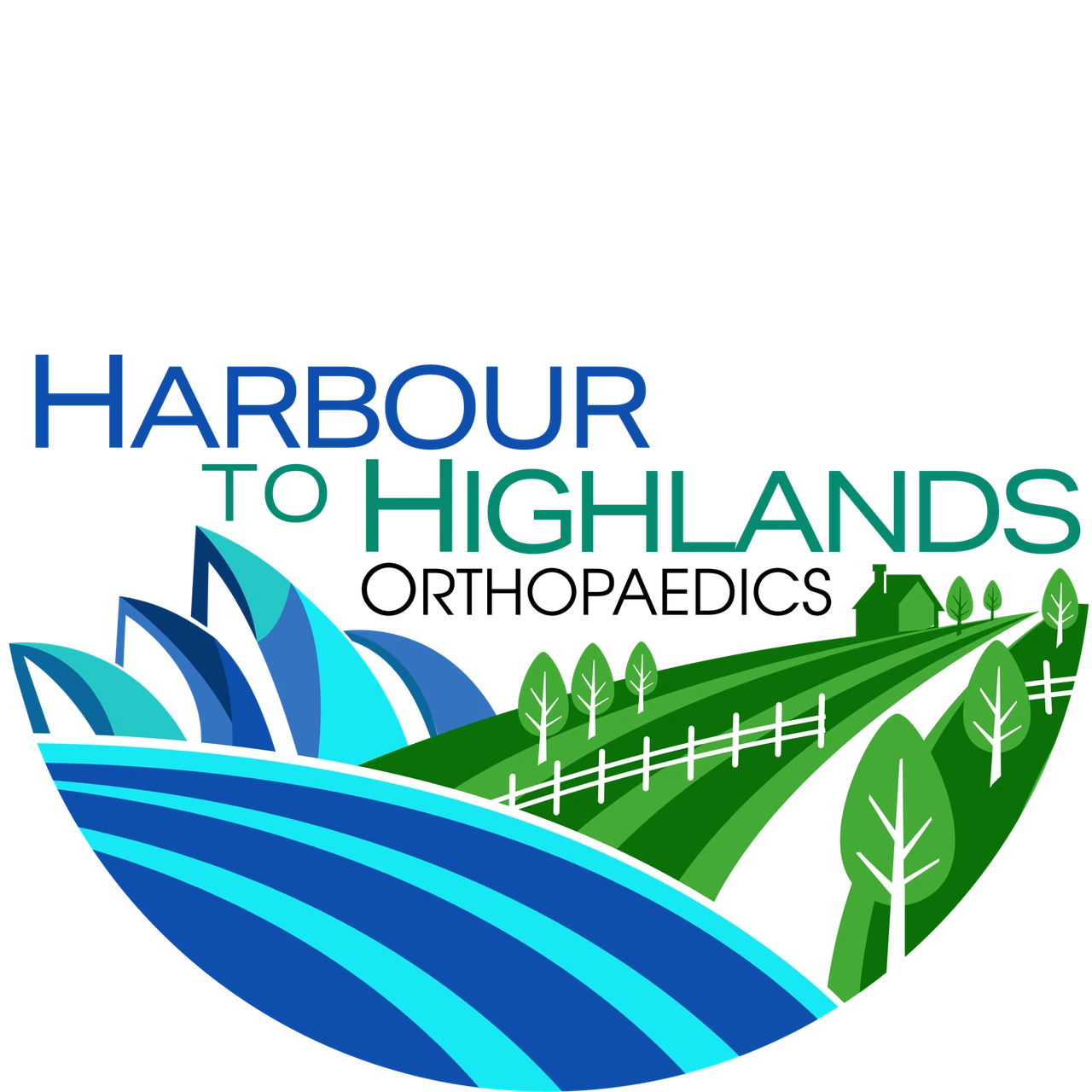 Harbour to Highlands Orthopaedics logo combining blue harbour sails and water with green countryside and a winding road