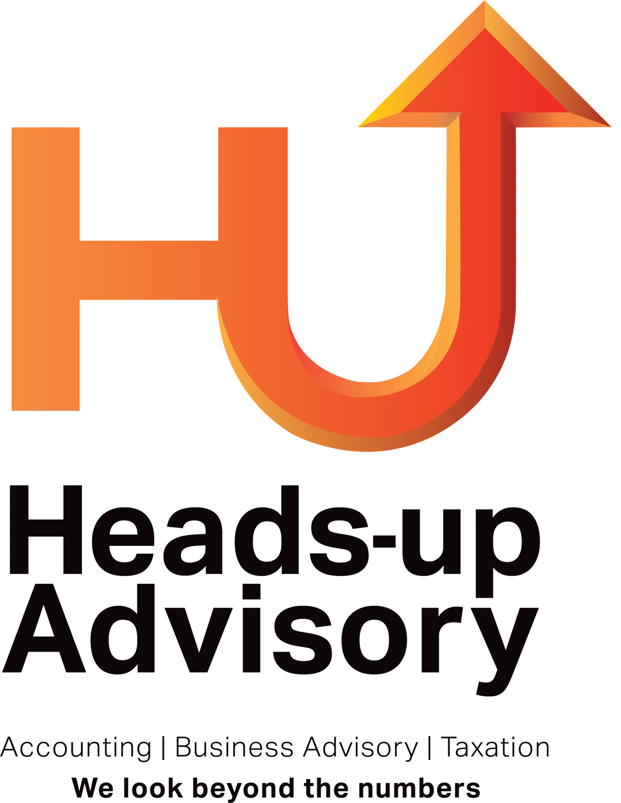 Heads-up Advisory logo with an orange HU monogram forming an upward arrow, the services Accounting, Business Advisory and Taxation, and the tagline We look beyond the numbers