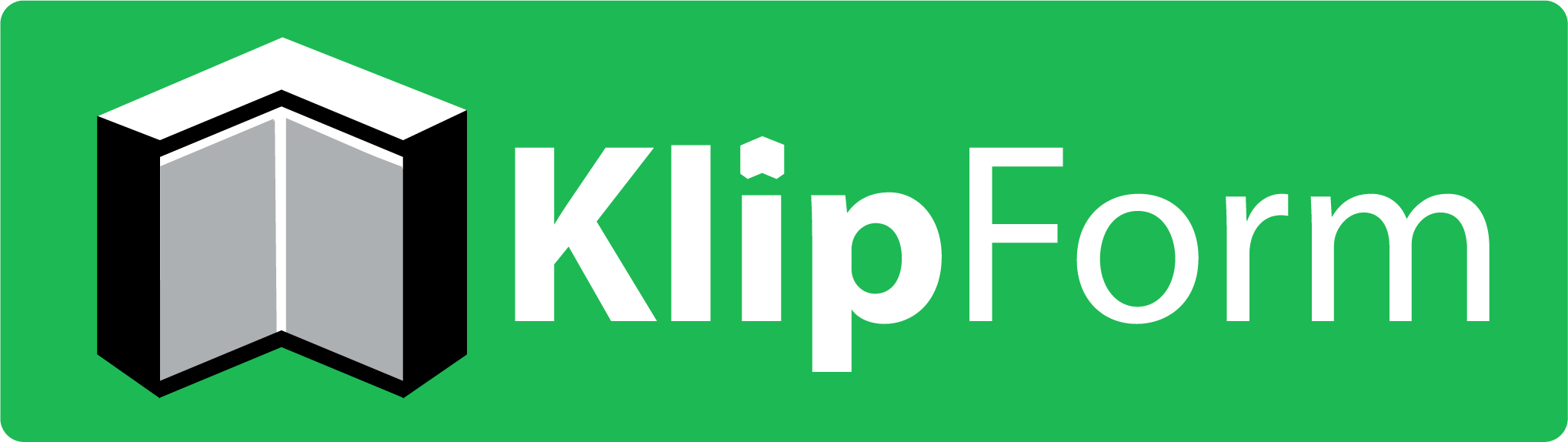 Klip Form logo with a black, grey and white folded geometric symbol and white lettering on green