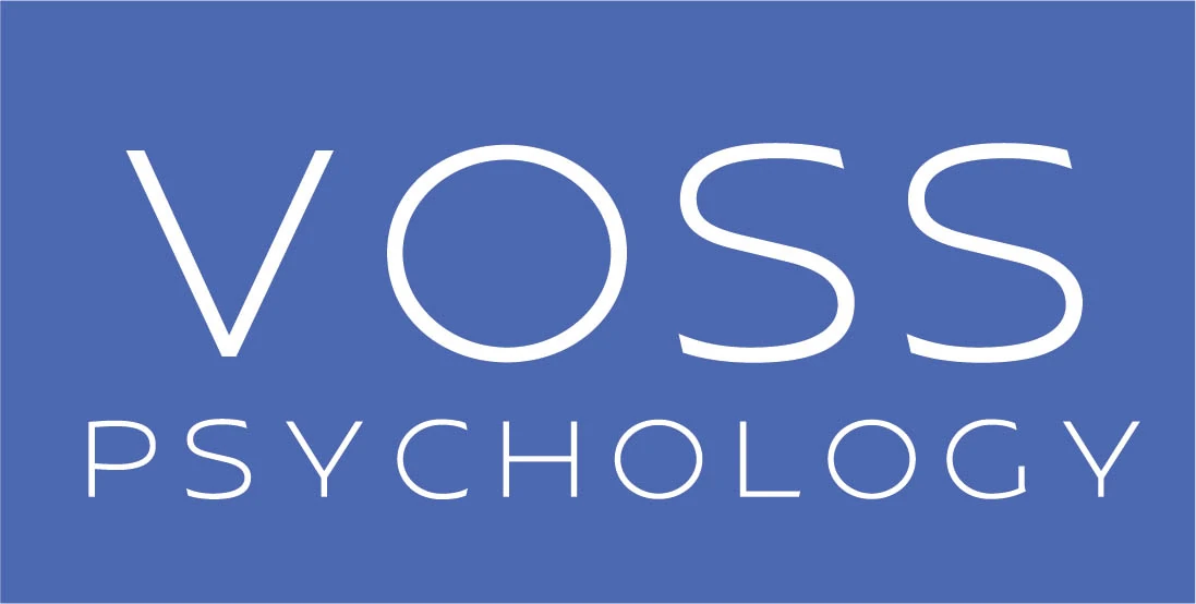 Voss Psychology logo in white on a blue background